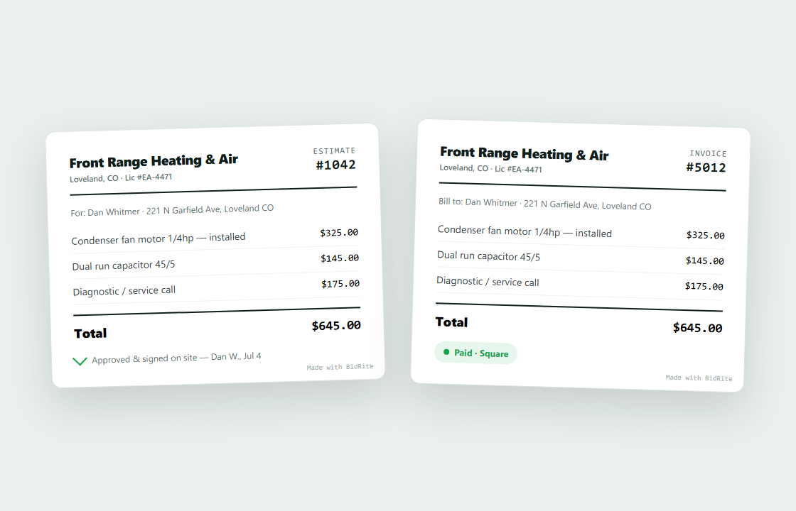 A BidRite estimate #1042 signed on site, and the matching invoice #5012 marked Paid via Square — both on the shop's own letterhead.